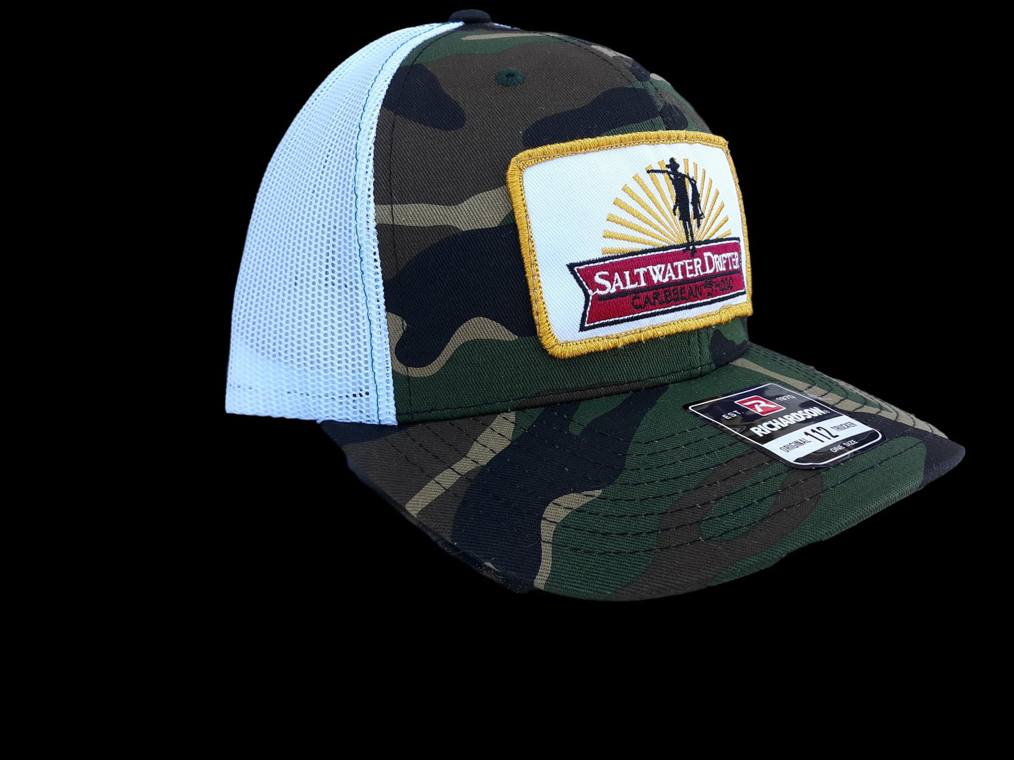 Camo Saltwater Drifter green patch trucker cap. { Free Gaiter with this cap}