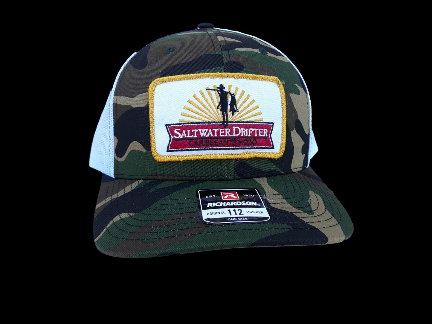 Camo Saltwater Drifter green patch trucker cap. { Free Gaiter with this cap}