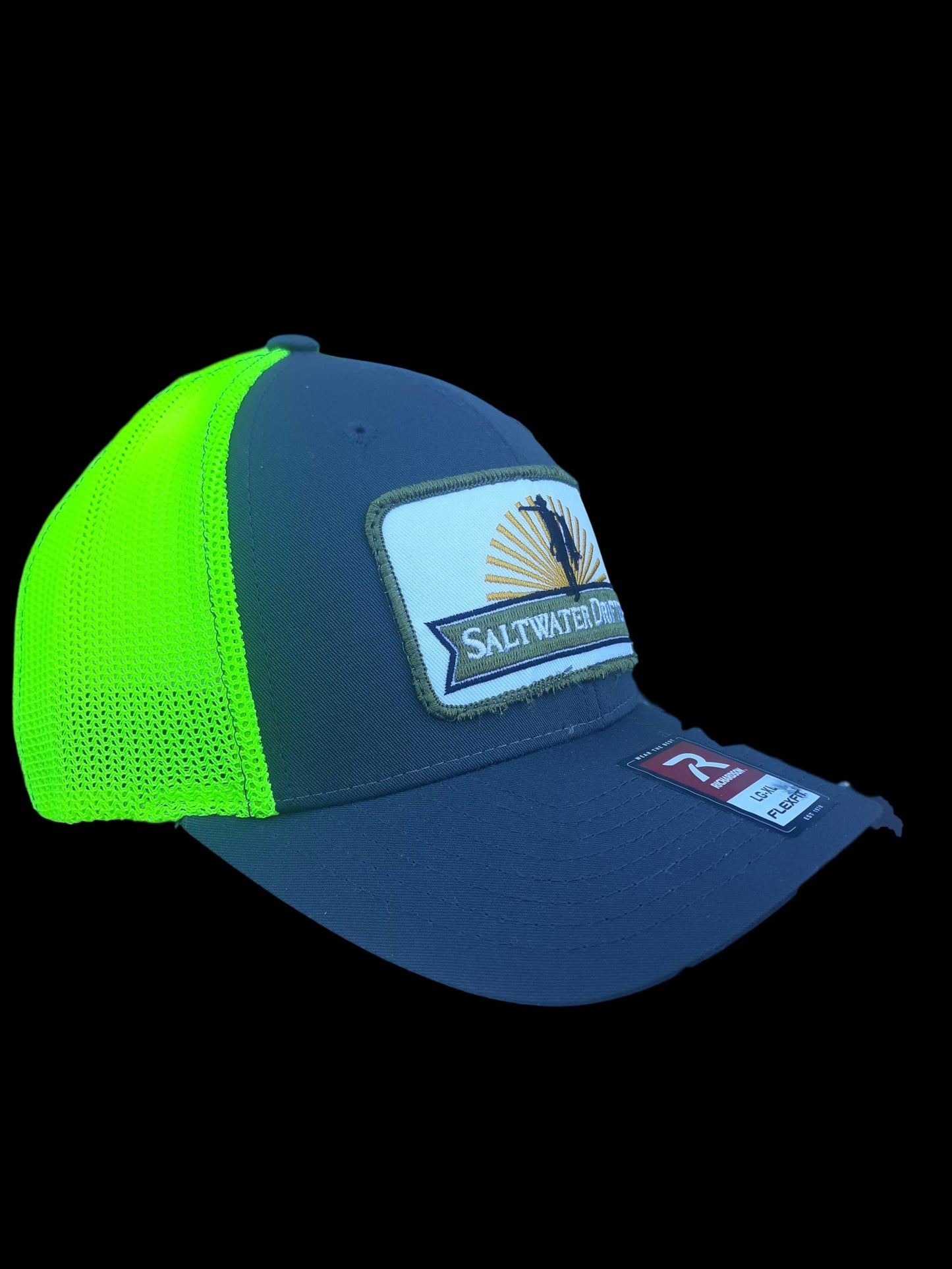 Camo Saltwater Drifter green patch trucker cap. { Free Gaiter with this cap}